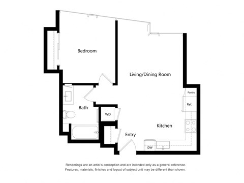 Floor plan for 1 bed, 1 bath, 627 sqft
